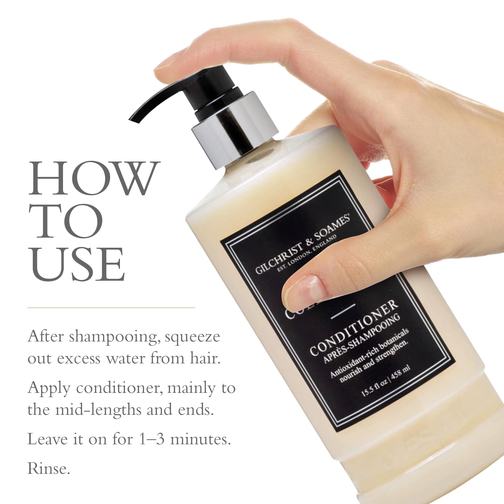 Gilchrist & Soames London Collection Conditioner ingredient highlights red tea and grape seed benefits.