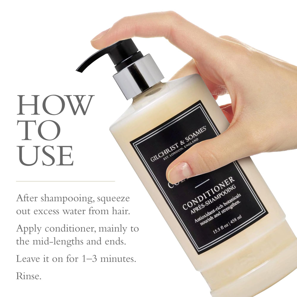 Gilchrist & Soames London Collection Conditioner ingredient highlights red tea and grape seed benefits.