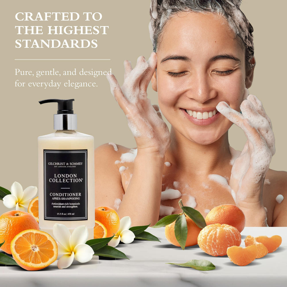 Gilchrist & Soames London Collection Conditioner luxury bathroom scene suggests spa-like self-care routine.