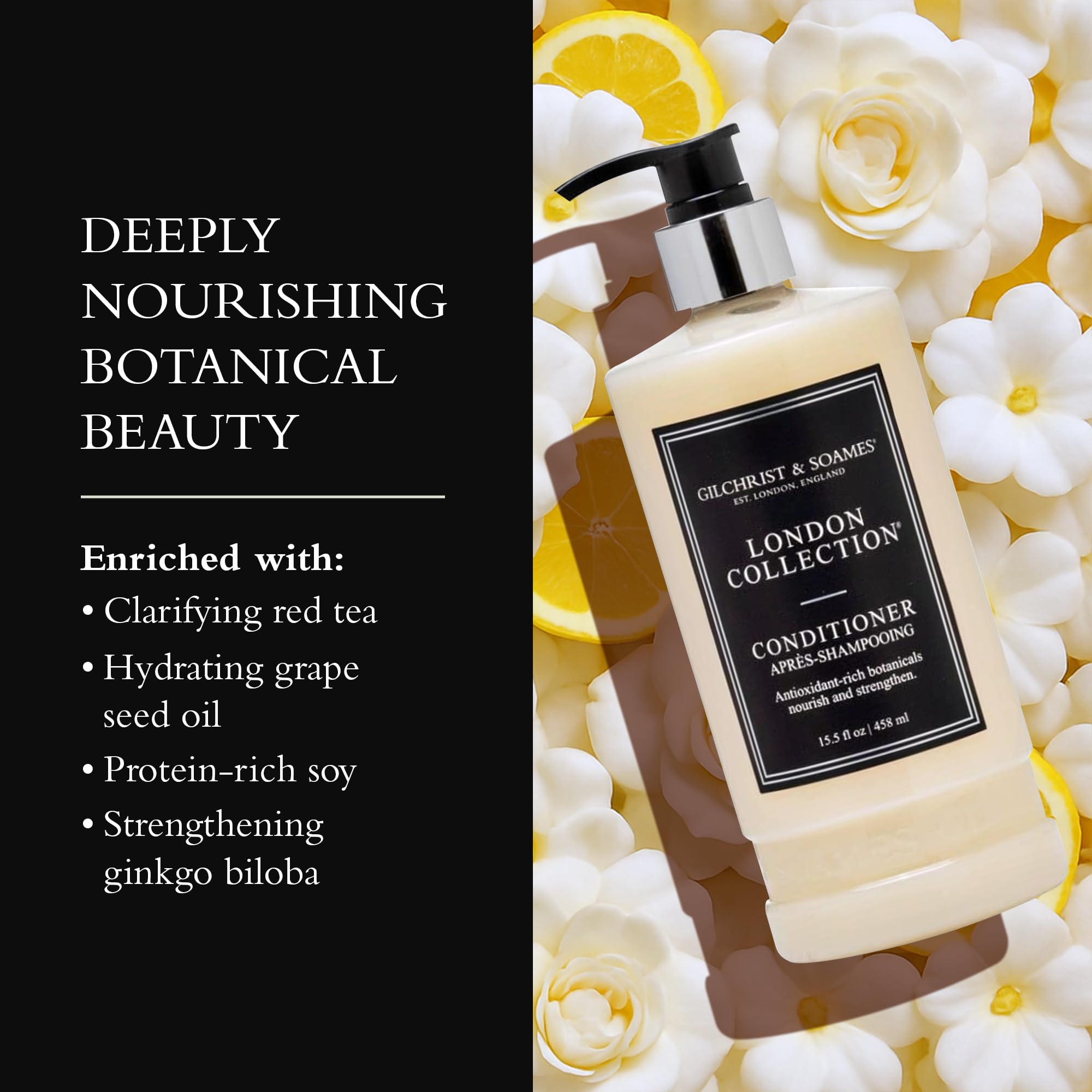 Gilchrist & Soames London Collection Conditioner packaging on shelf conveys luxury, cruelty-free ethics, and refined style.