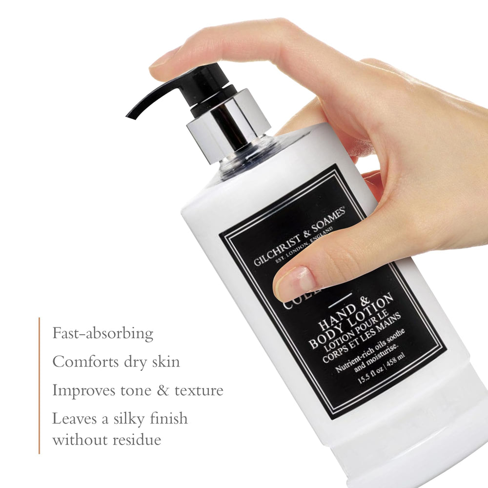 Hands apply Gilchrist & Soames London Hand & Body Lotion for quick absorption