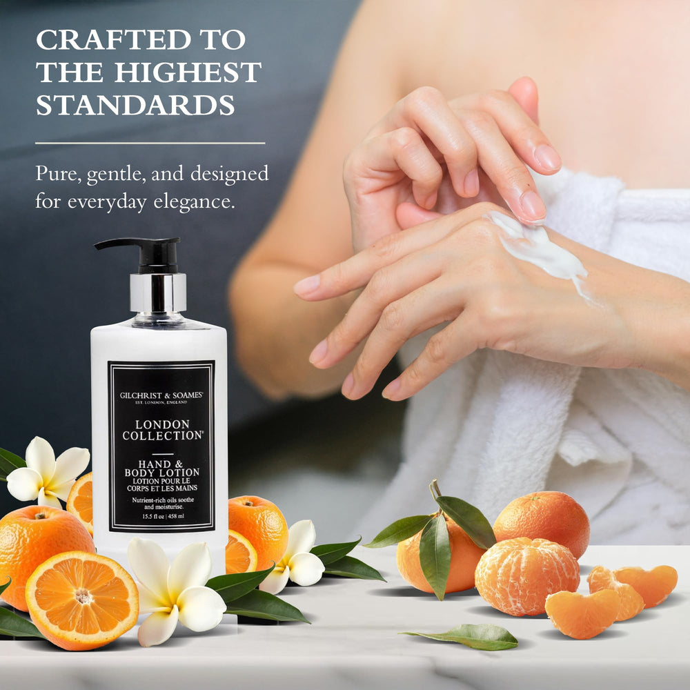 15.5 oz pump bottle of Gilchrist & Soames London Hand & Body Lotion on bathroom shelf