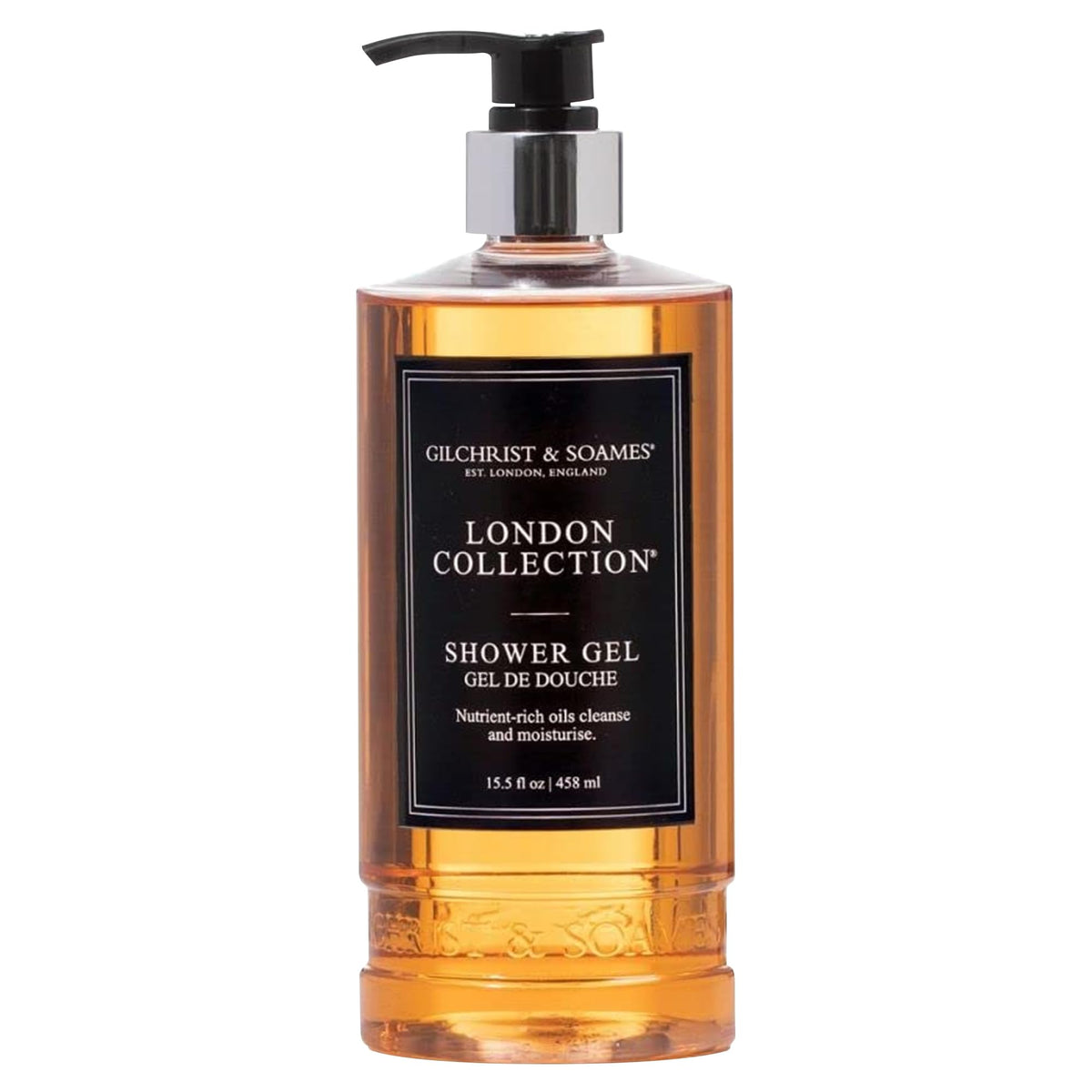 Gilchrist & Soames London Shower Gel bottle closeup shows premium hydration