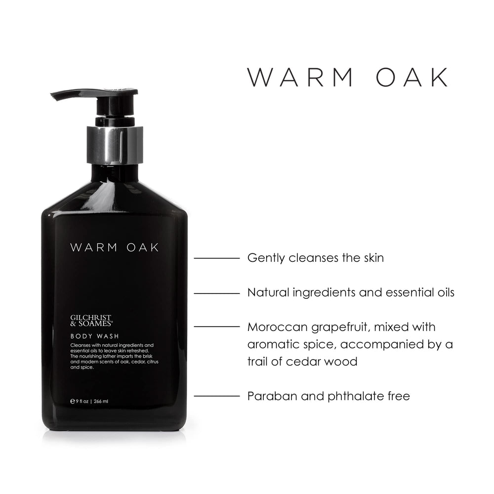 Gilchrist & Soames Warm Oak rich lather promotes a refreshing cleanse.