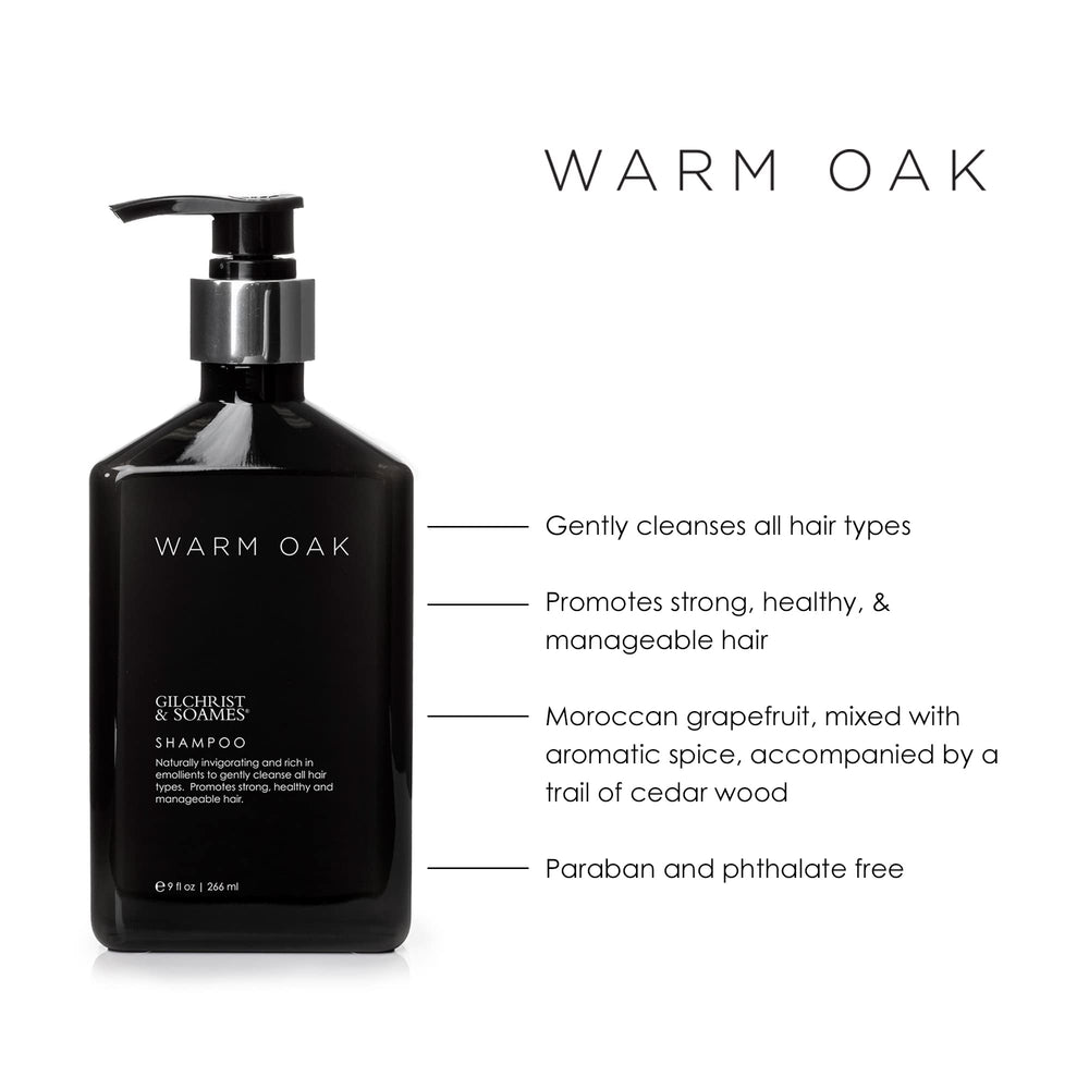Gilchrist & Soames Warm Oak Shampoo pour demonstrates smooth lather for all hair types.