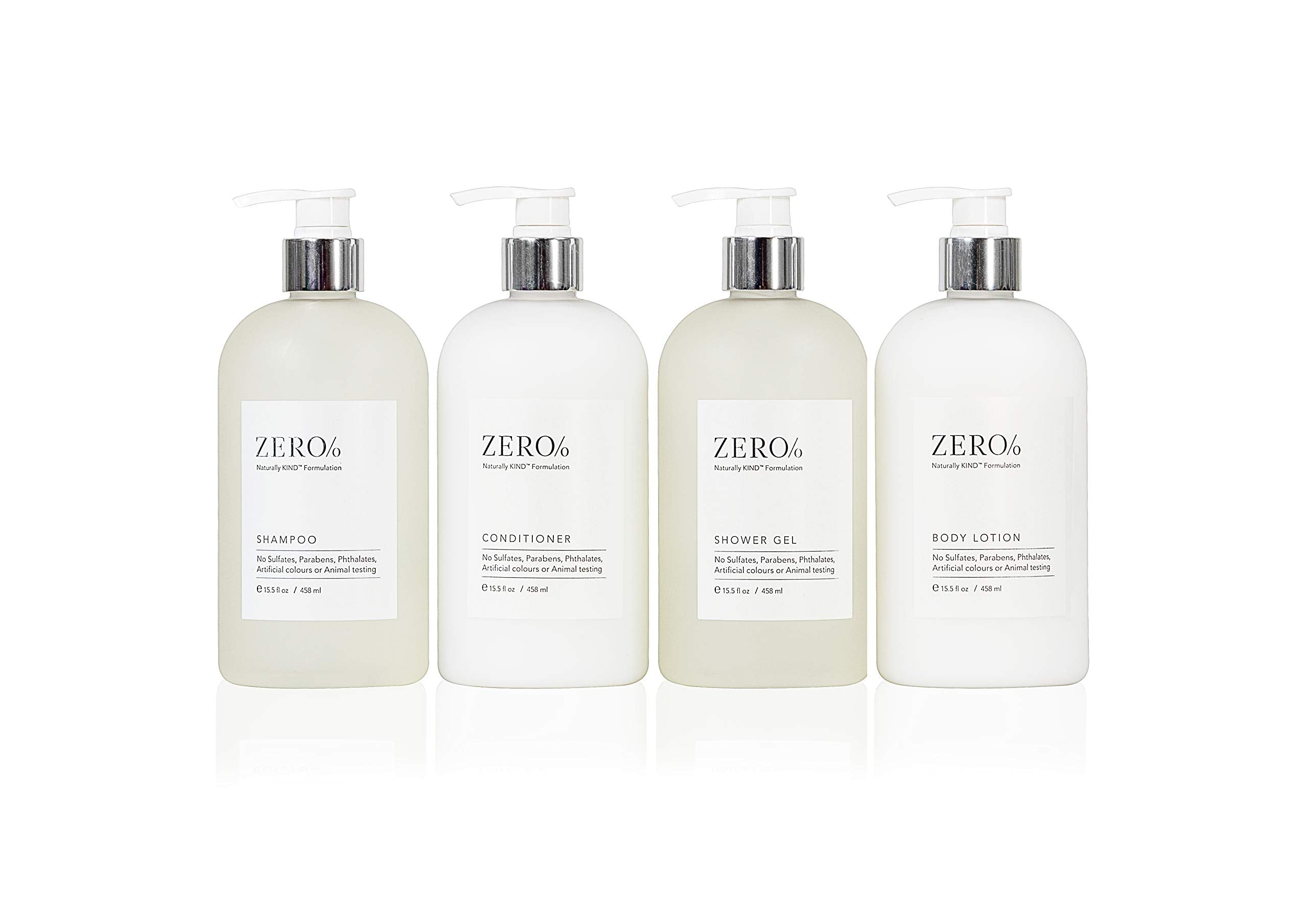 Gilchrist & Soames Zero% Collection shampoo pump-dispense for quick, clean showers.