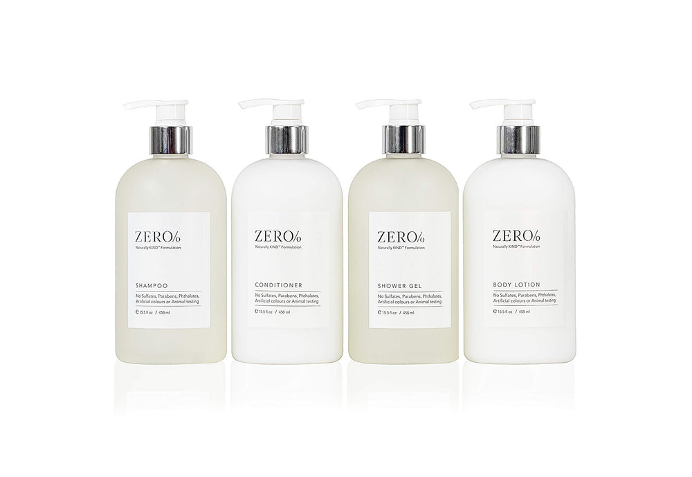 Gilchrist & Soames Zero% Collection shampoo pump-dispense for quick, clean showers.