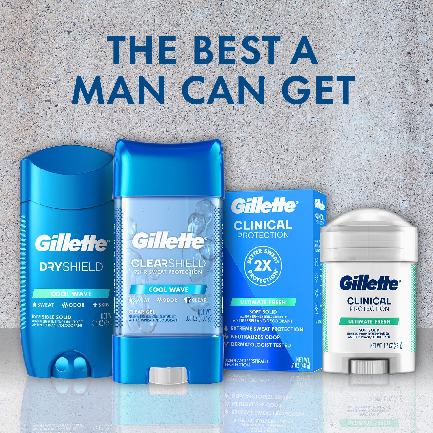 Gillette Clear Gel 48-hour protection highlight emphasizes extended sweat and odor control.