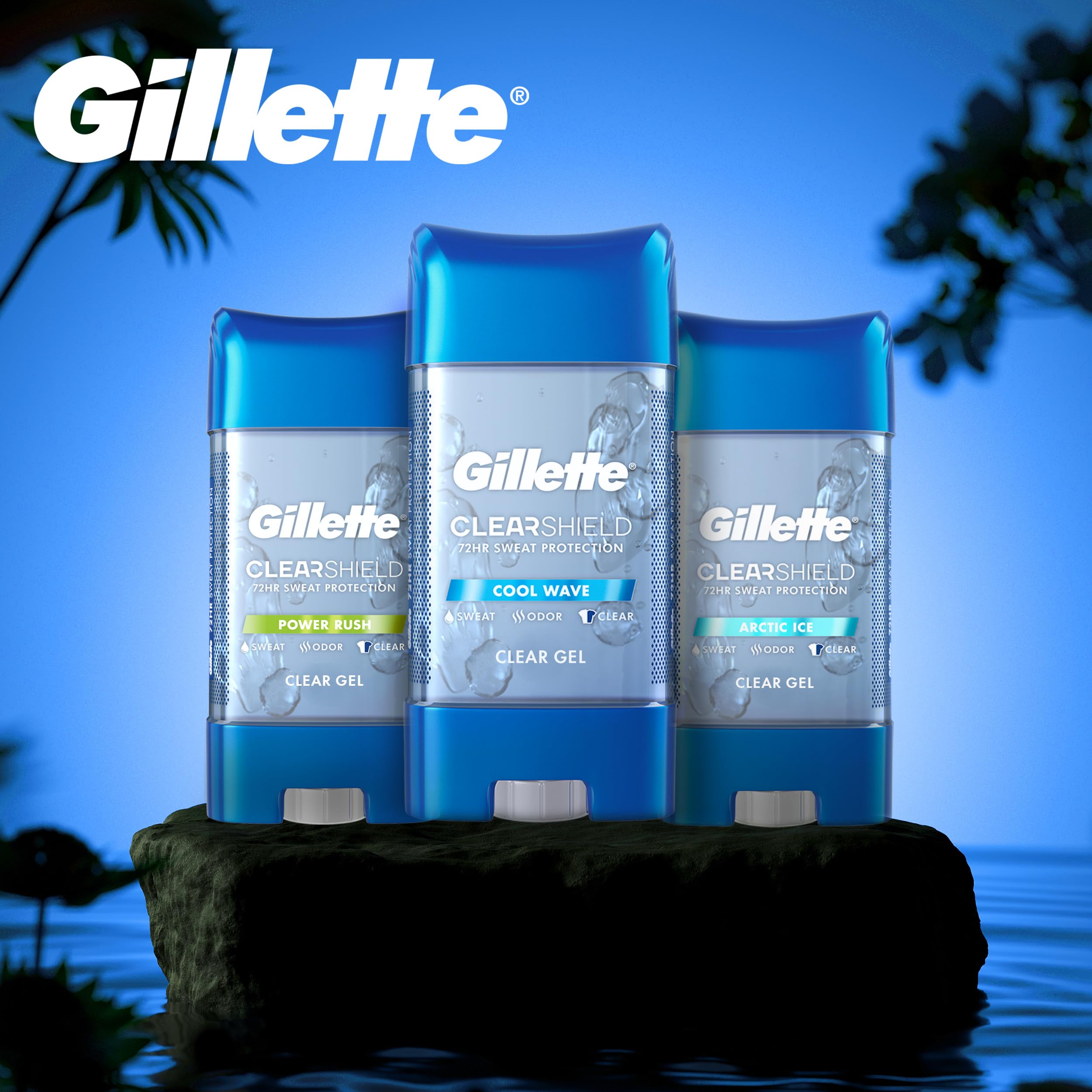Gillette Clear Gel fast-drying technology image suggests quick feel without residue.