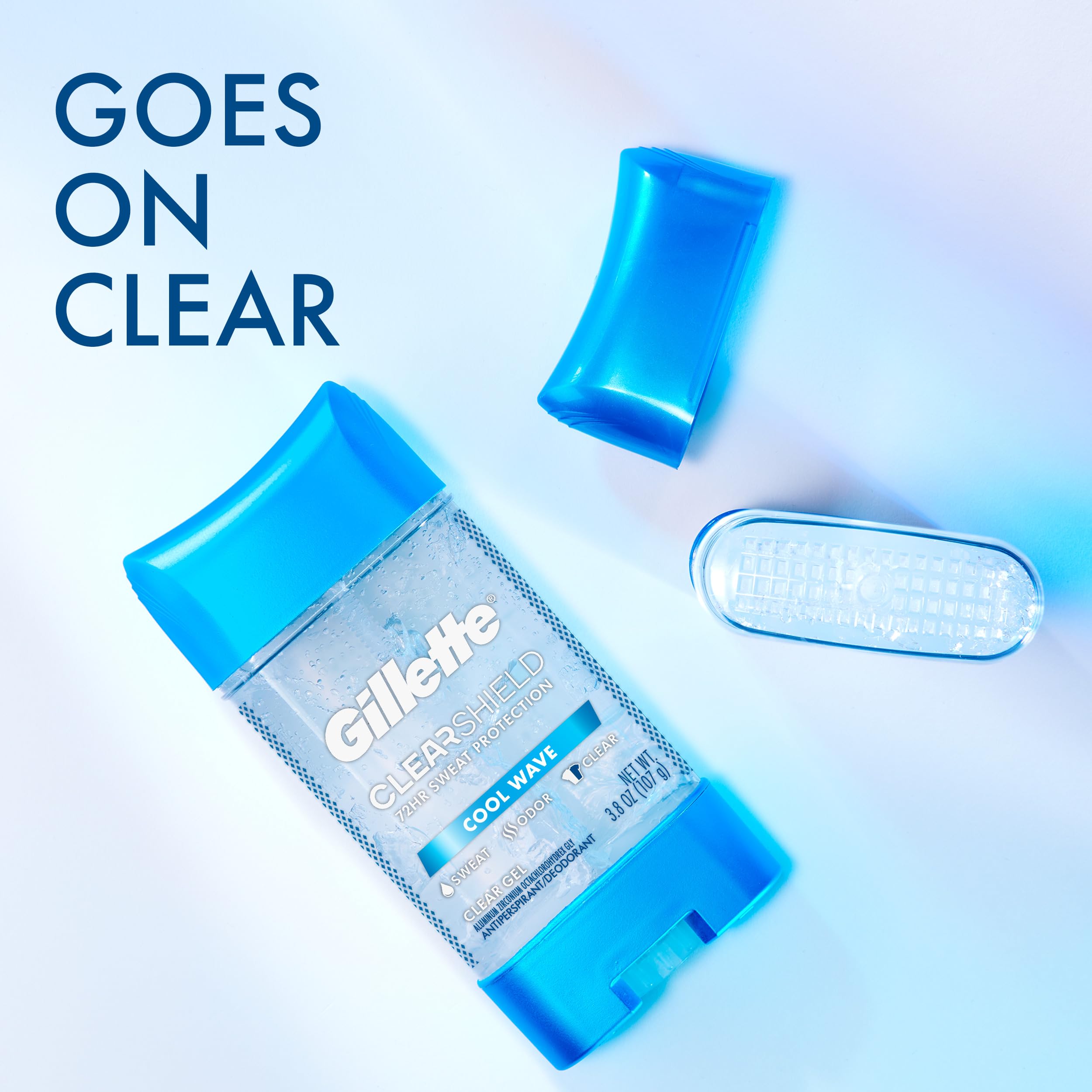 Gillette Clear Gel odor blockers closeup highlights strong protection against odor throughout the day.