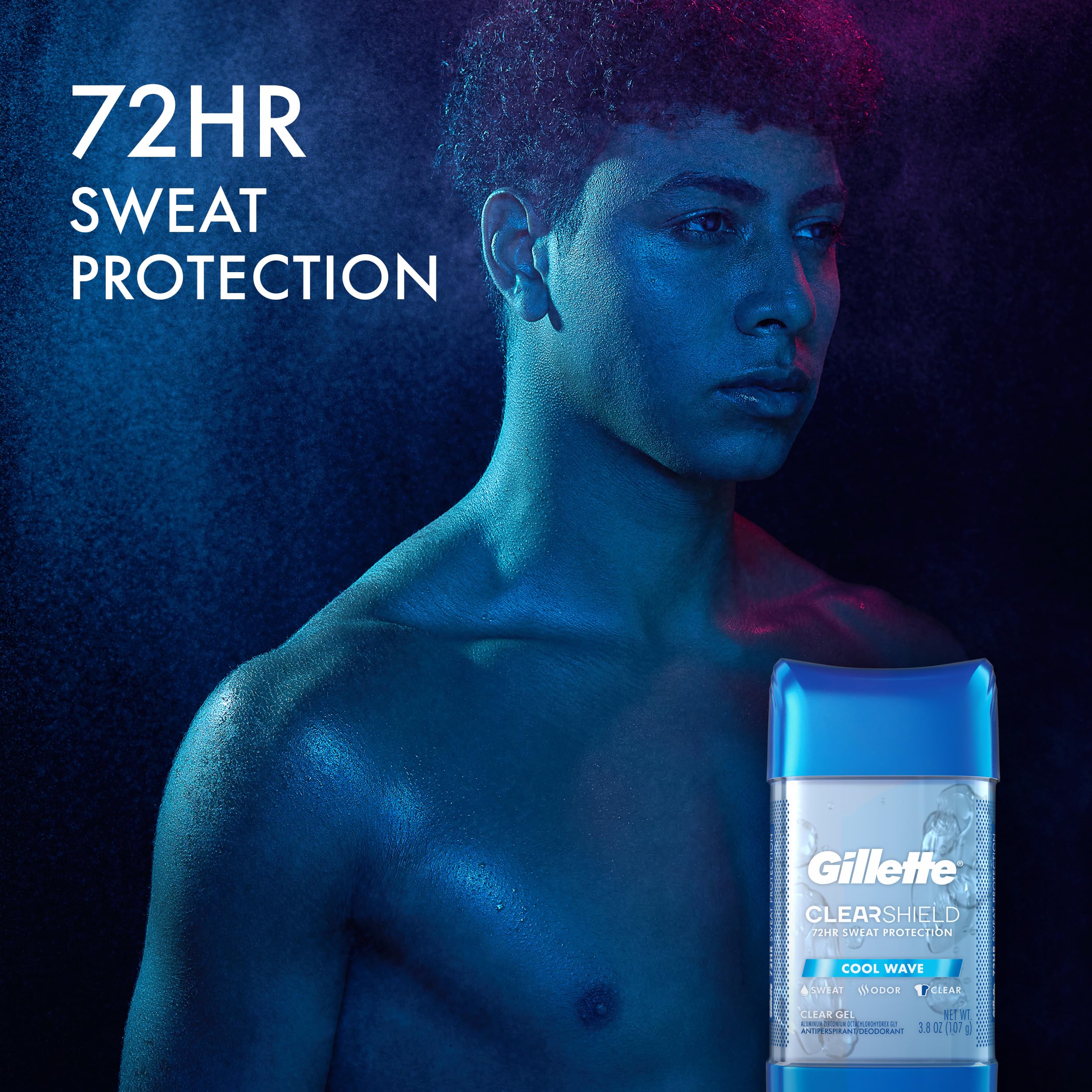 Gillette Clear Gel transparent dry shield image emphasizes clear application and dry protection.