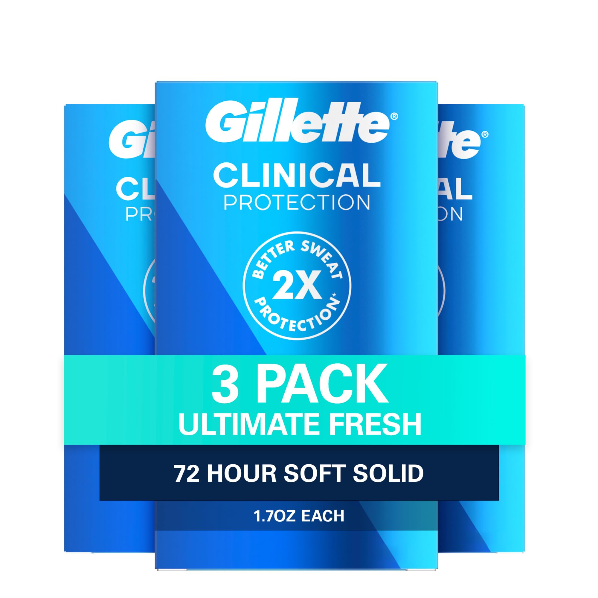 Gillette Clinical Soft Solid Ultimate Fresh 3-pack packaging showcasing all-day protection