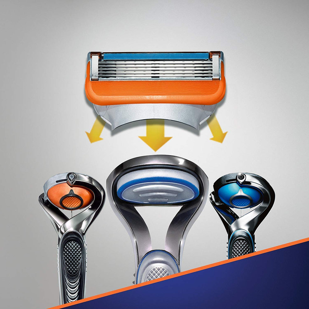 Gillette Fusion 5 Power cartridges blade edge closeup emphasizes flexible guard for comfortable shave.