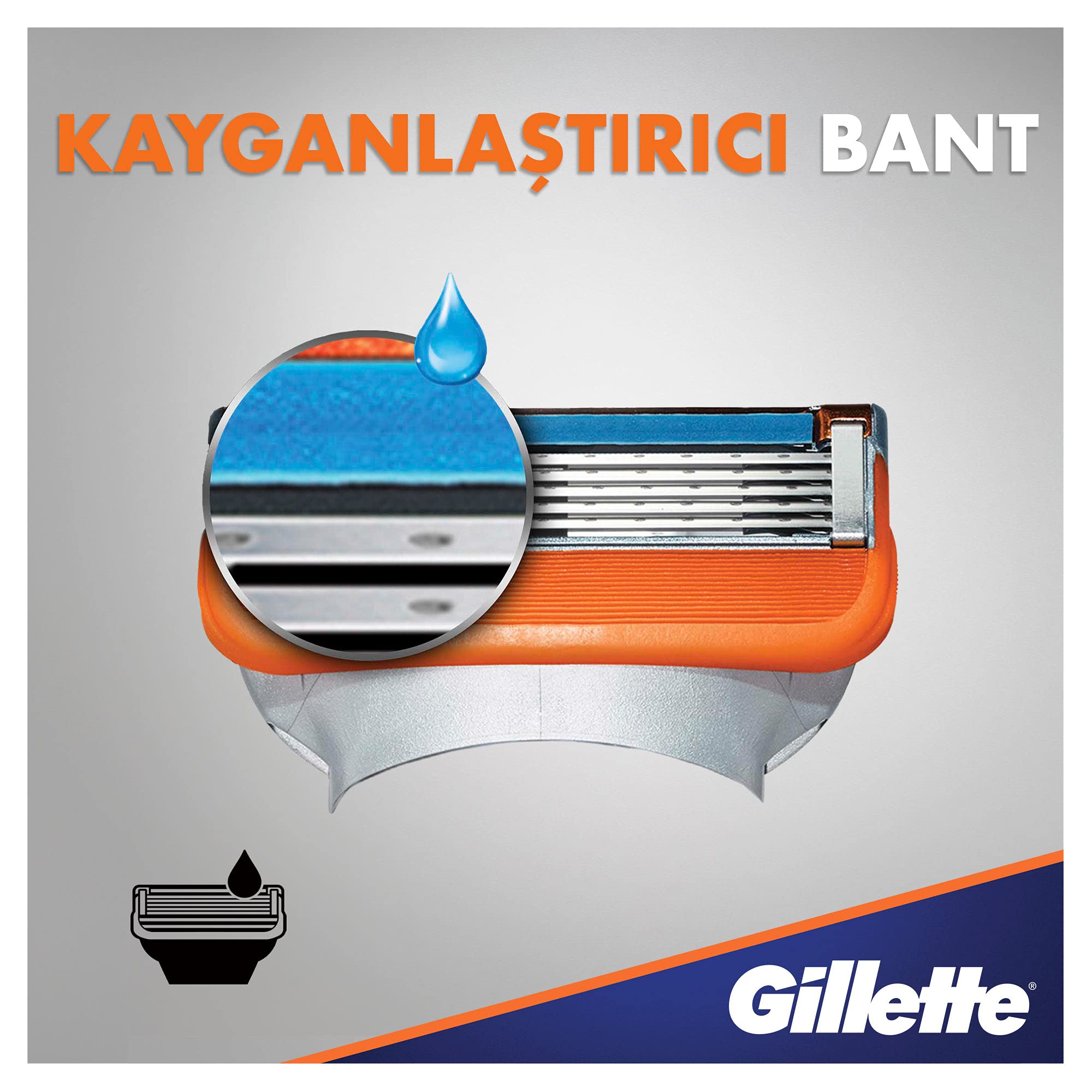 Gillette Fusion5 microfins-lubrastrip highlights skin-soothing vitamins and gradual shave indicator.