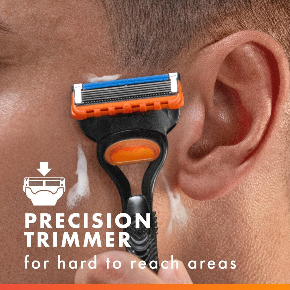 Gillette Fusion5 precision trimmer at back for hard-to-reach areas.
