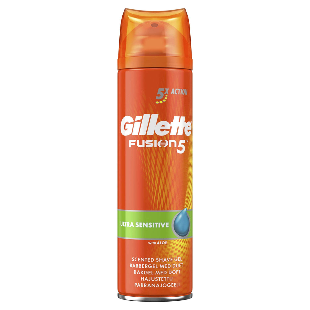 Gillette Fusion5 Ultra Sensitive gel on bathroom counter with clean modern aesthetics