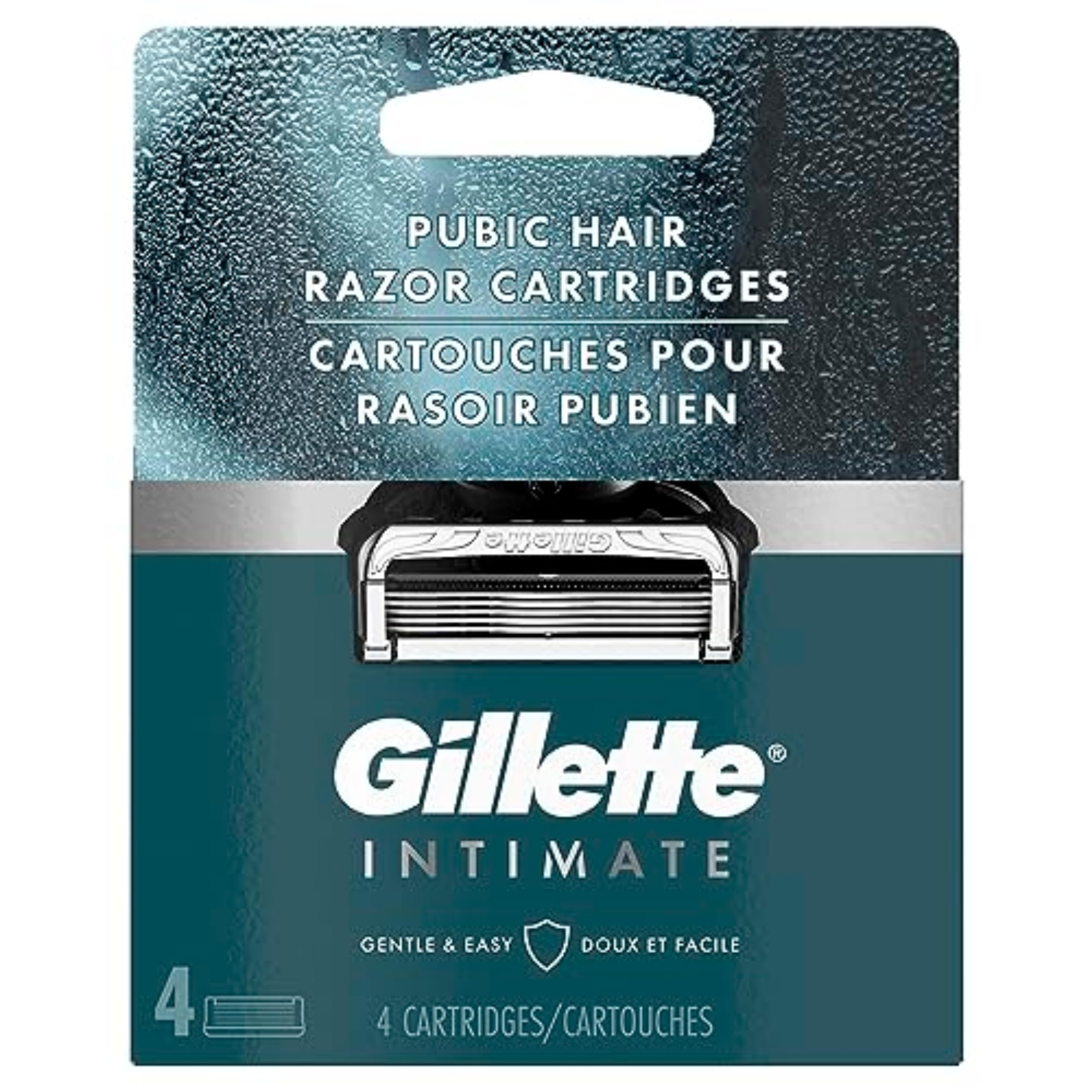 Gillette Intimate 5-blade cartridge close-up highlights anti-friction blades for smoother shaving.