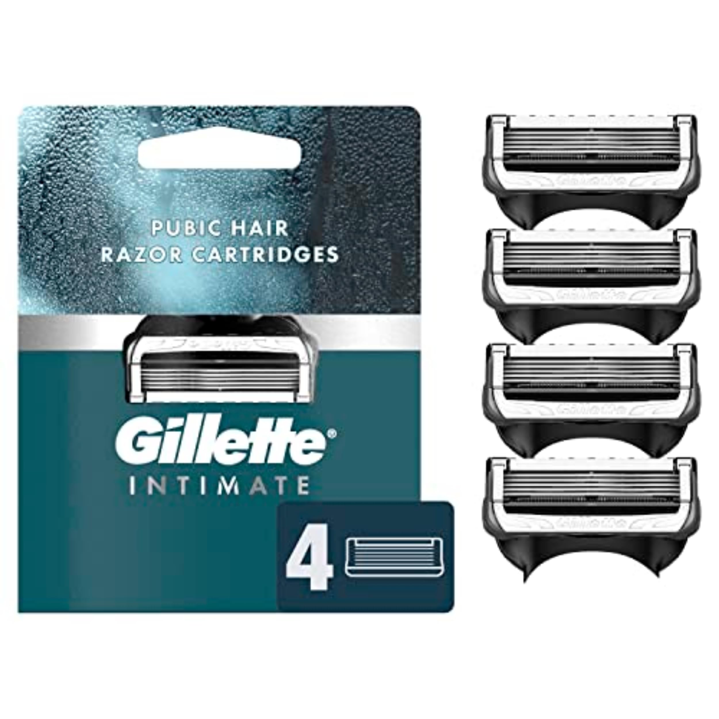 Gillette Intimate razor cartridge packaging showing gentle shaving system for sensitive skin.
