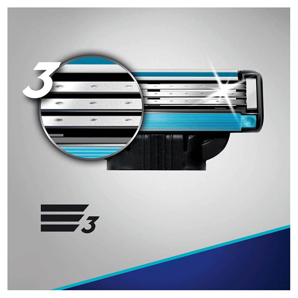 Gillette Mach-3 Blades 4-pack close-up highlighting long-lasting sharpness vs Sensor3.
