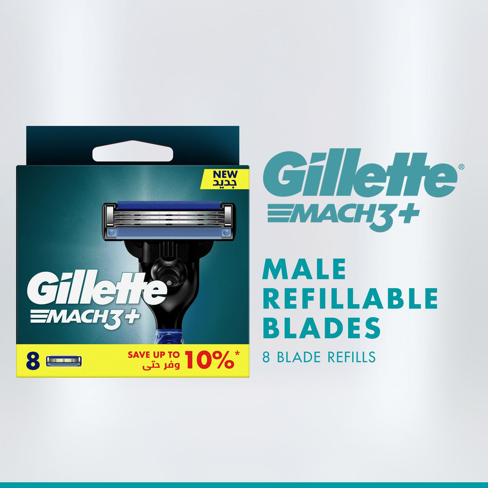 Gillette Mach3 blade close-up emphasizes three anti-friction blades for reduced tugging.