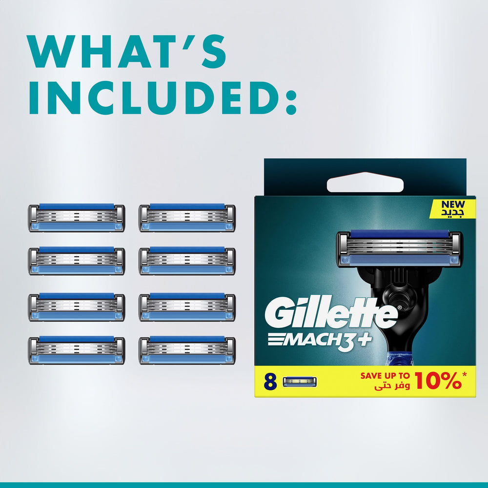 Gillette Mach3 blade pack eight blades displayed for extended grooming routines.
