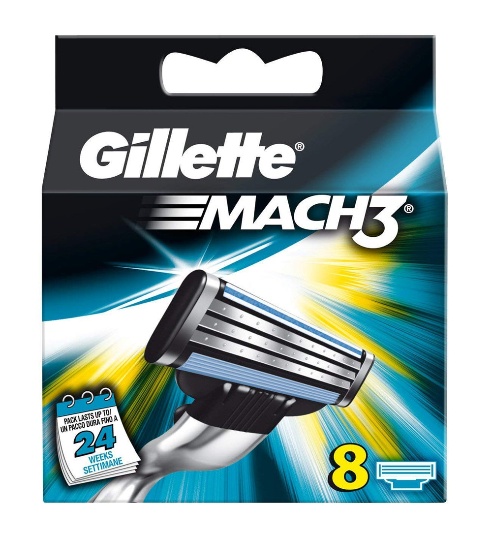 Gillette Mach3 blades pack 8 front view shows long-lasting blades for up to 15 comfortable shaves.