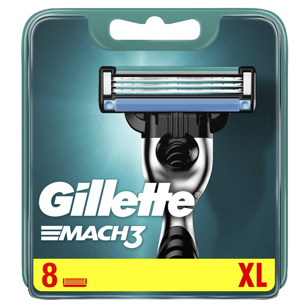 Gillette Mach3 pack display on shelf signaling convenient multi-pack purchase.