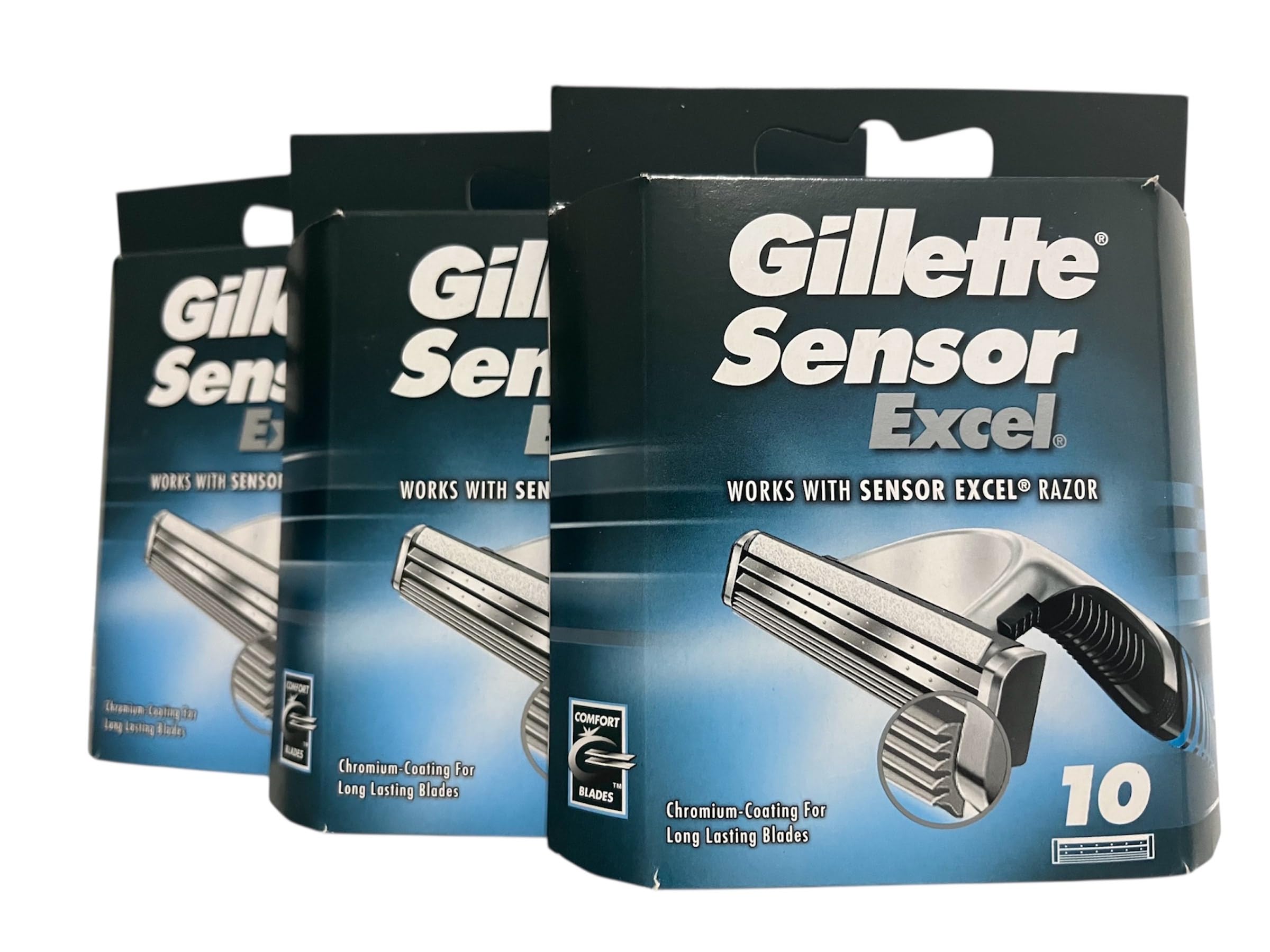 Gillette Sensor Excel 30 blades pack front for extended grooming sessions with three-pack convenience