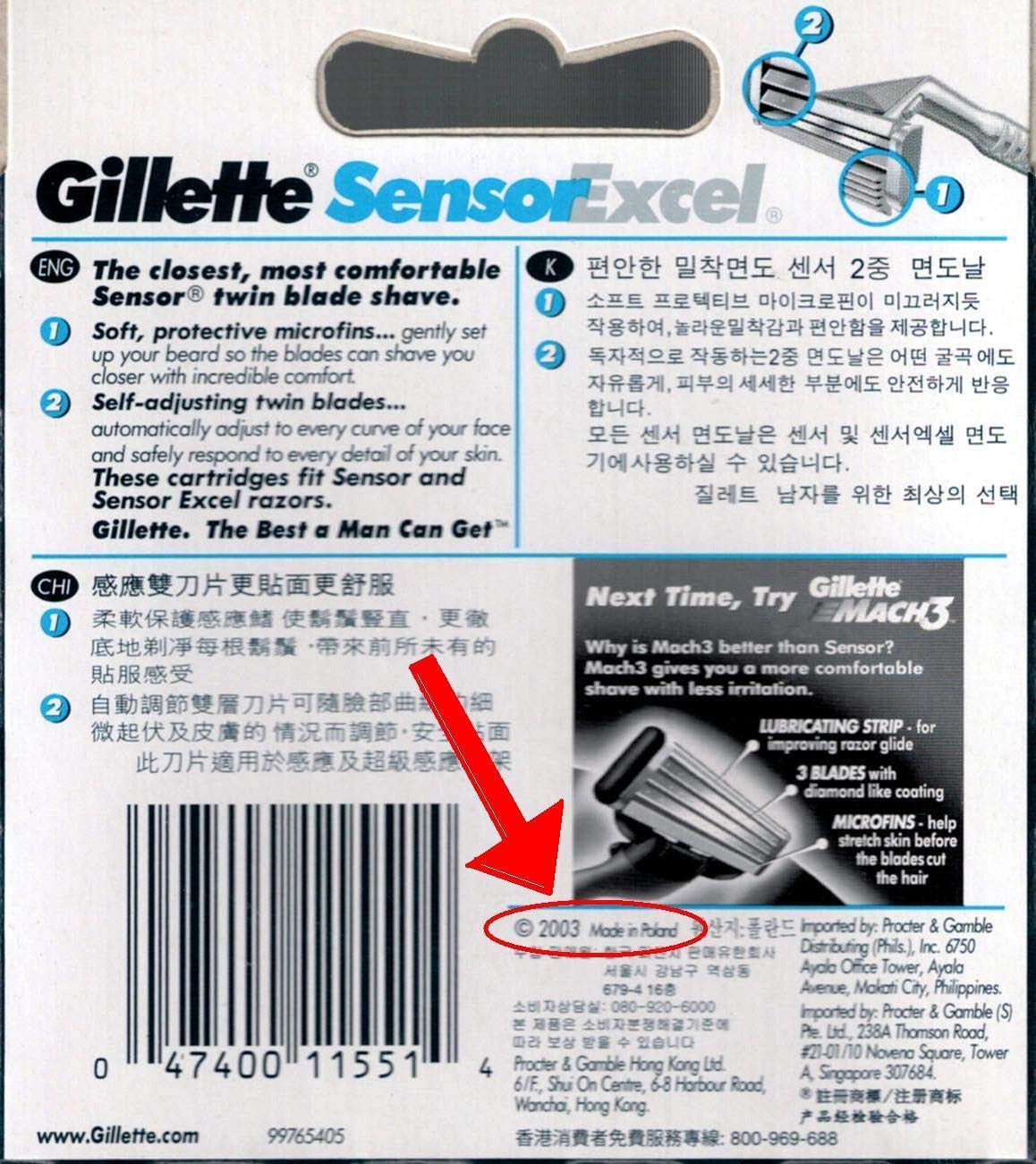 Gillette Sensor Excel cartridge detail highlights twin comfort blades.