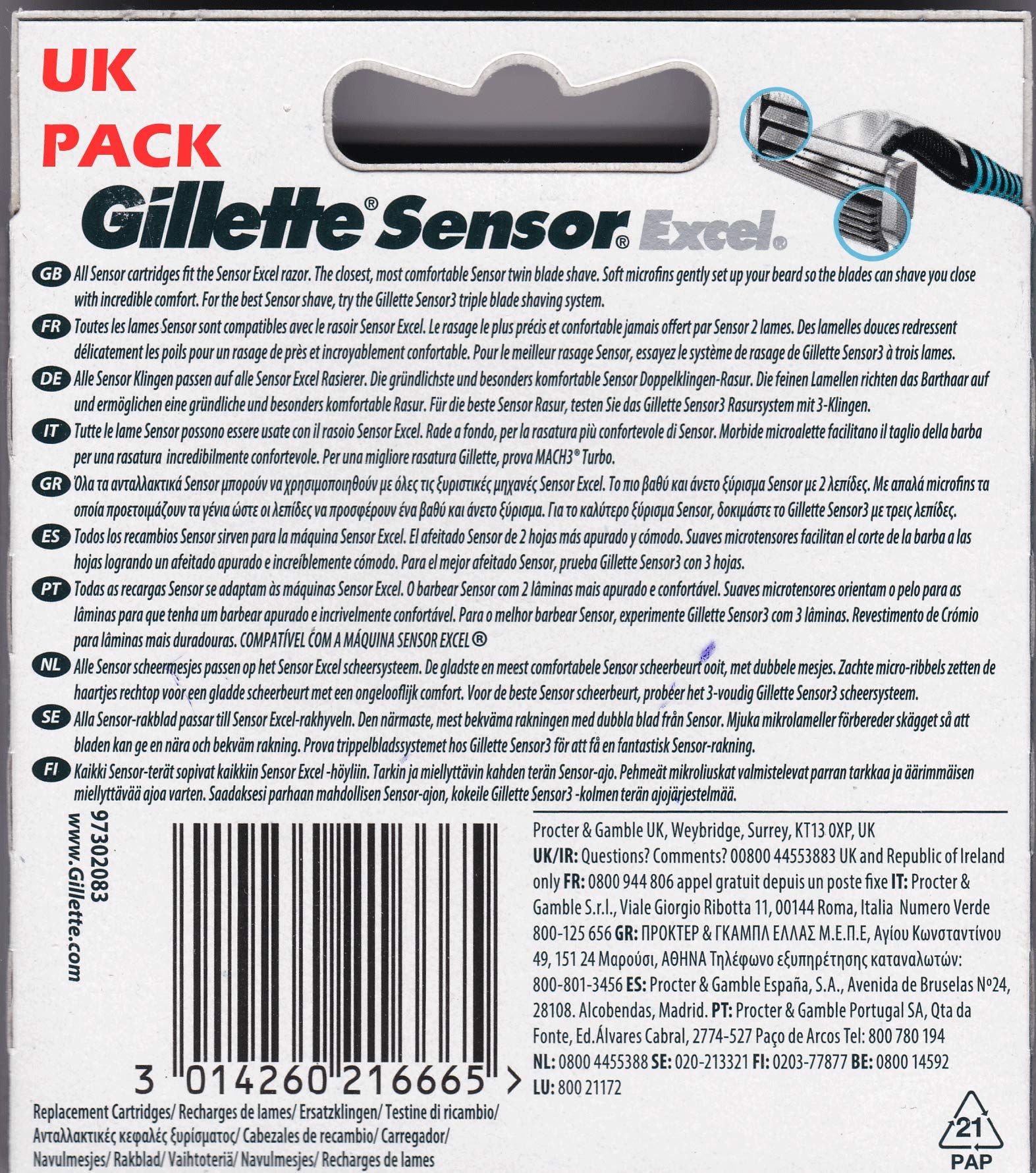 Gillette Sensor Excel made in Poland branding reflects quality manufacturing.