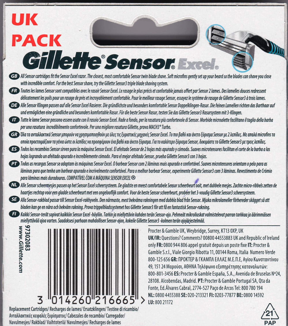 Gillette Sensor Excel made in Poland branding reflects quality manufacturing.