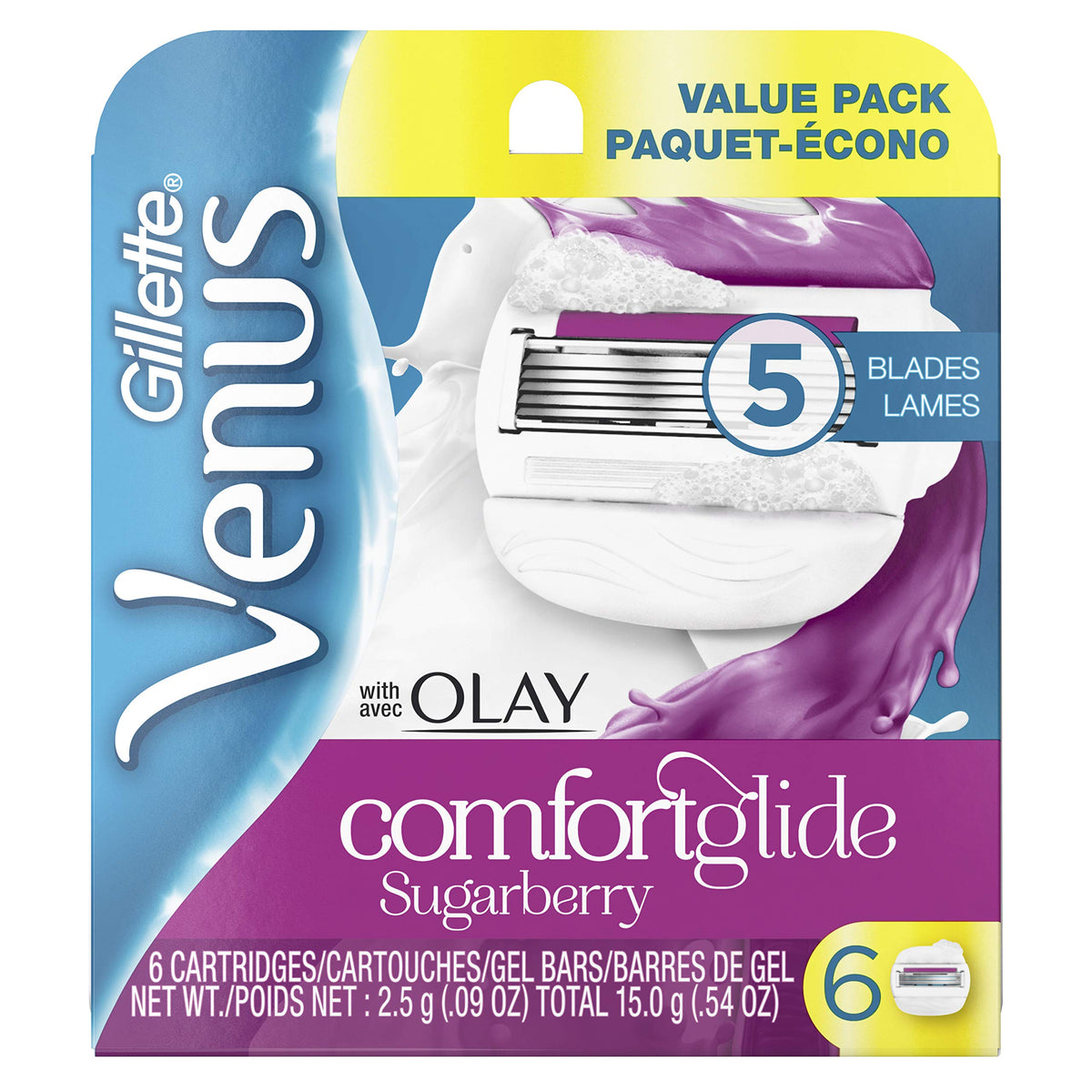 Gillette Venus ComfortGlide Sugarberry blades close-up showing moisture bars for smooth shave