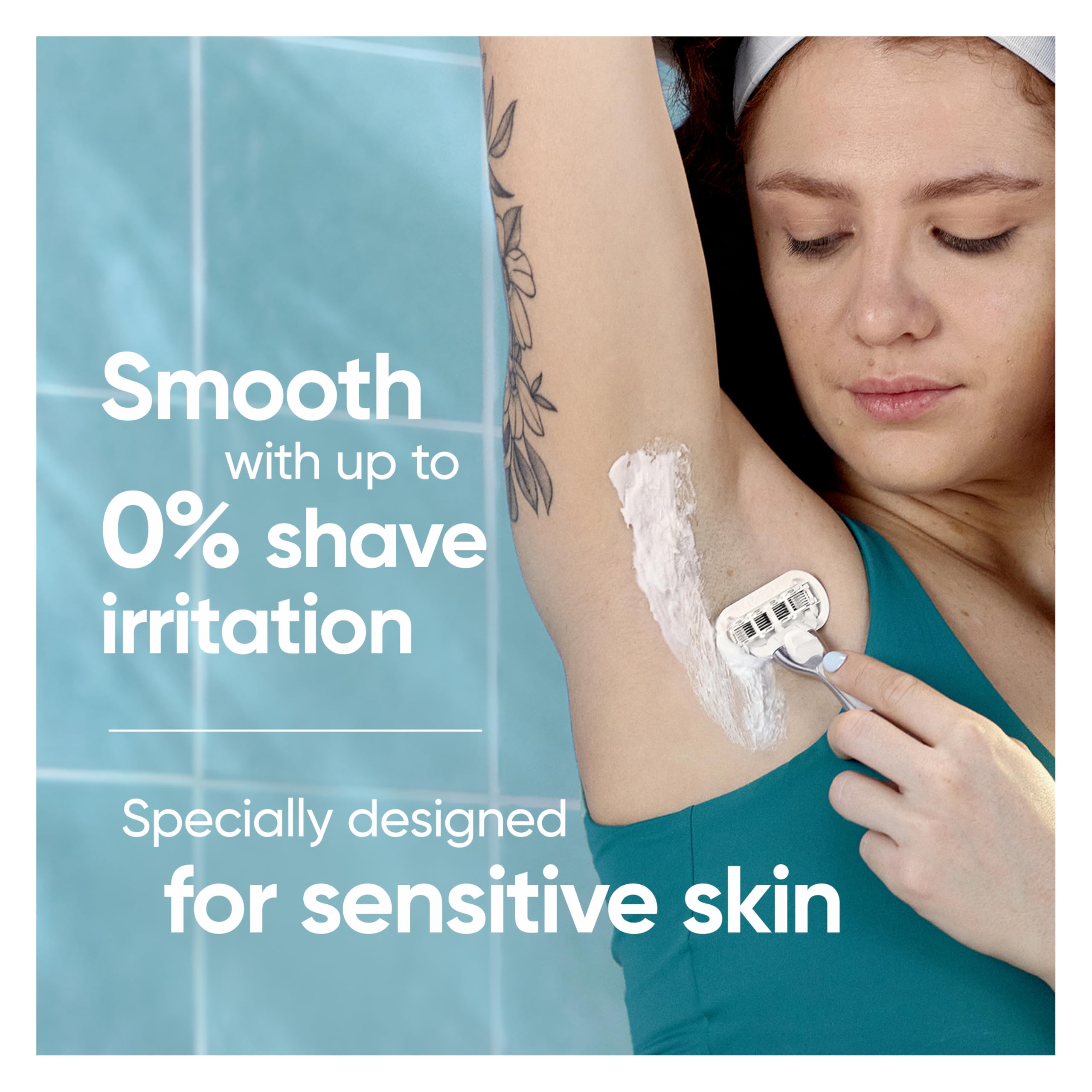 Gillette Venus Deluxe Smooth Sensitive five-blade system for a close shave and lasting smoothness.
