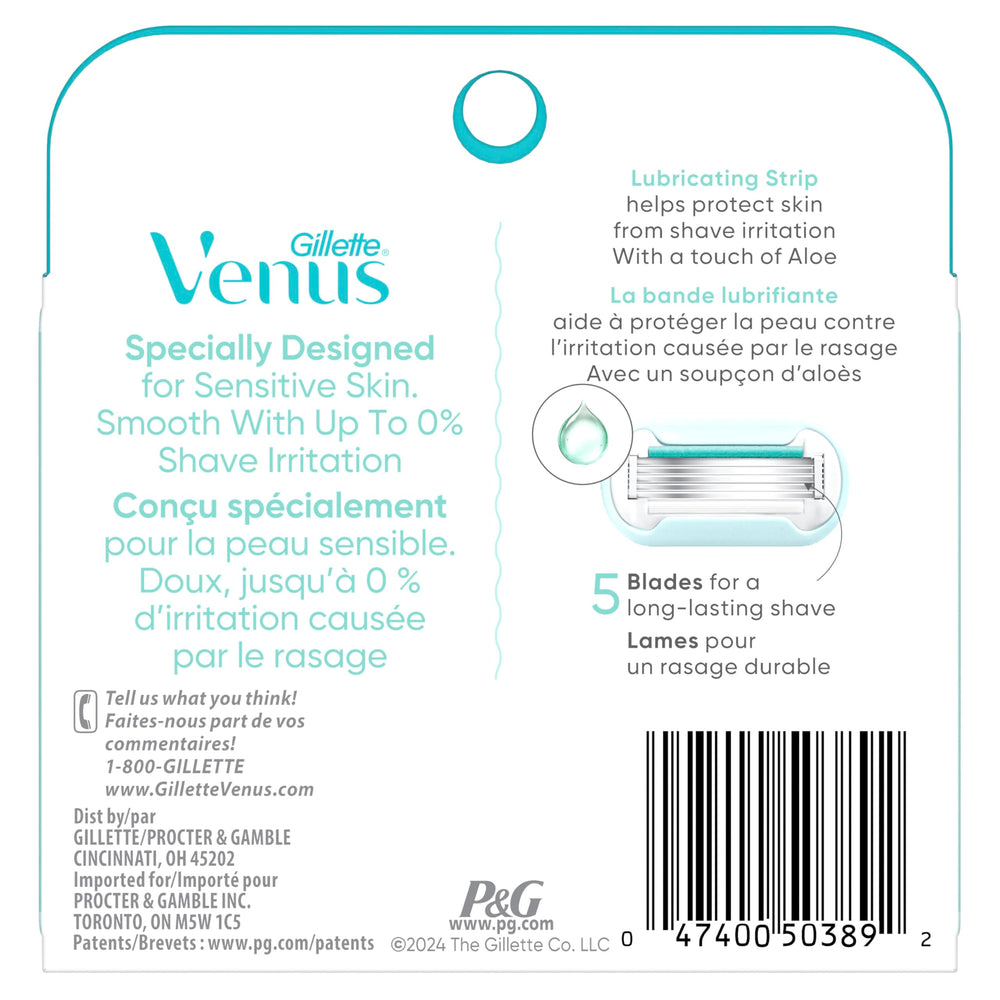 Gillette Venus Deluxe Smooth Sensitive packaging display highlights a 4-count refill set.