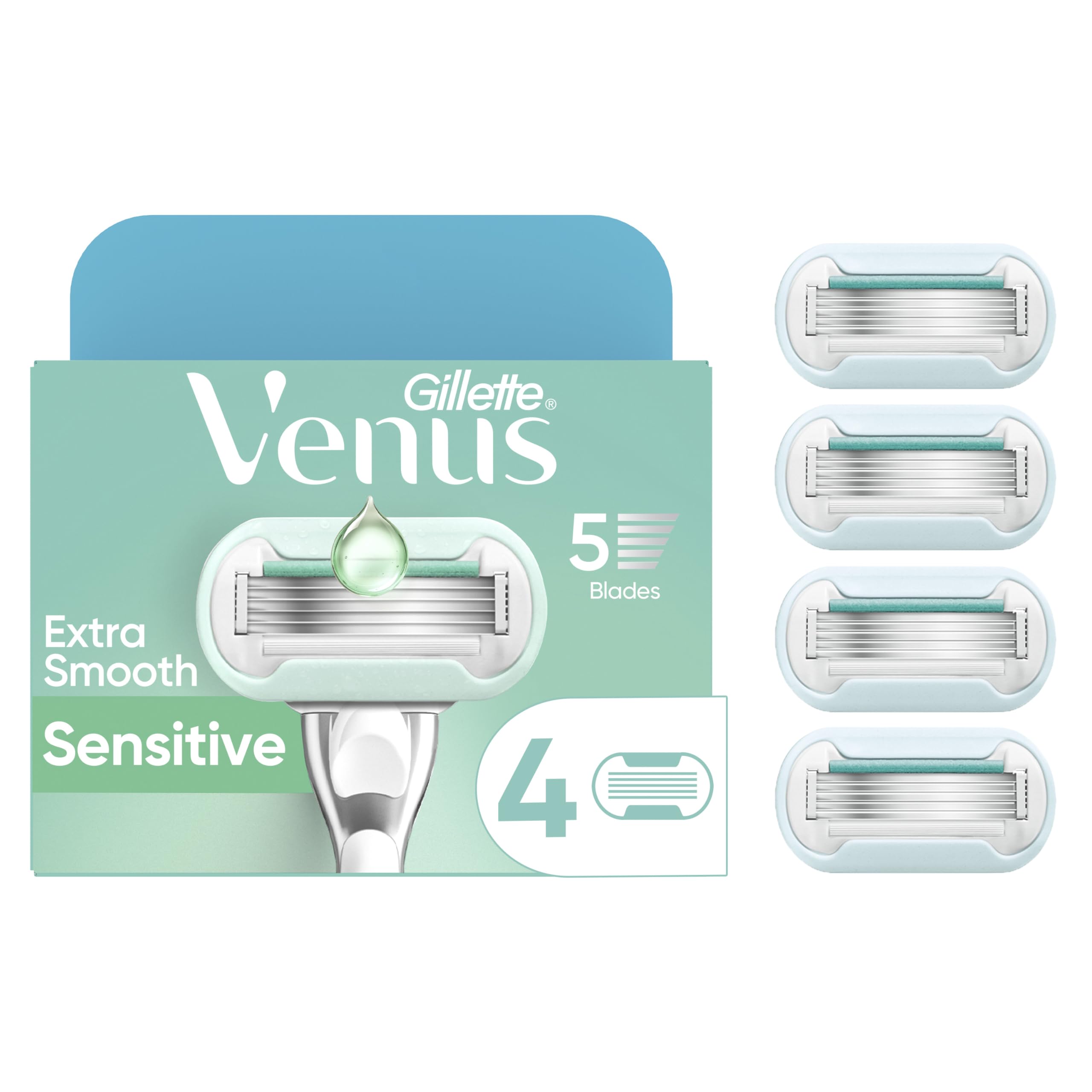 Gillette Venus Deluxe Smooth Sensitive refill 4-pack for gentle, long-lasting shaves on sensitive skin.