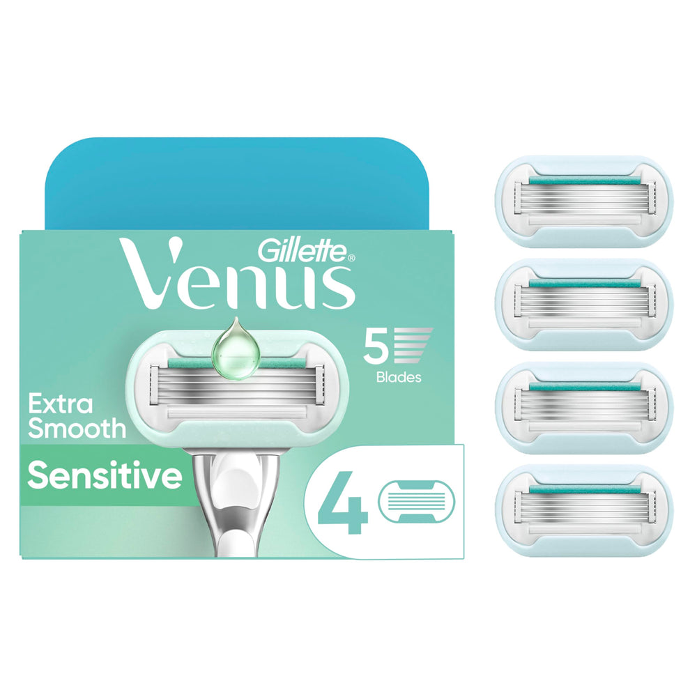Gillette Venus Deluxe Smooth Sensitive refill 4-pack for gentle, long-lasting shaves on sensitive skin.