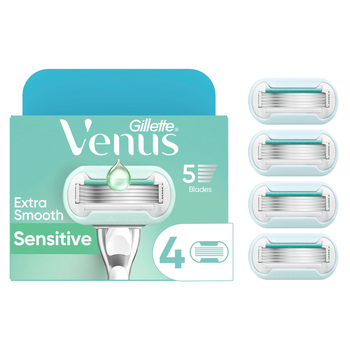 Gillette Venus Deluxe Smooth Sensitive refill 4-pack for gentle, long-lasting shaves on sensitive skin.