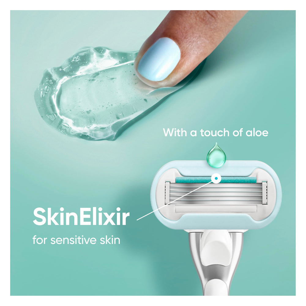 Gillette Venus Deluxe Smooth Sensitive lubrication strip protects delicate skin during shaving.