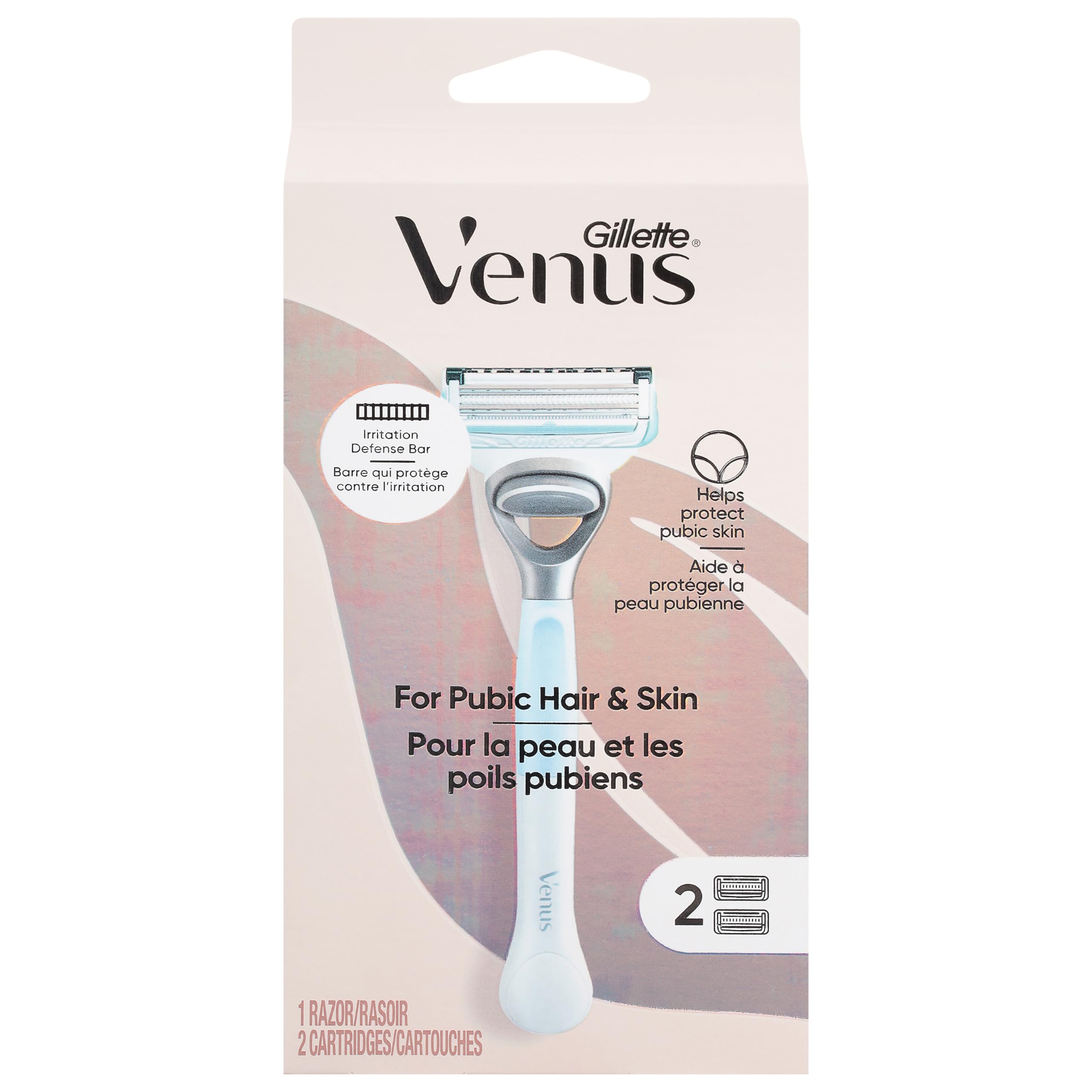 Gillette Venus Intimate Razor pink packaging highlighting its precision trimmer for easy intimate-area grooming.