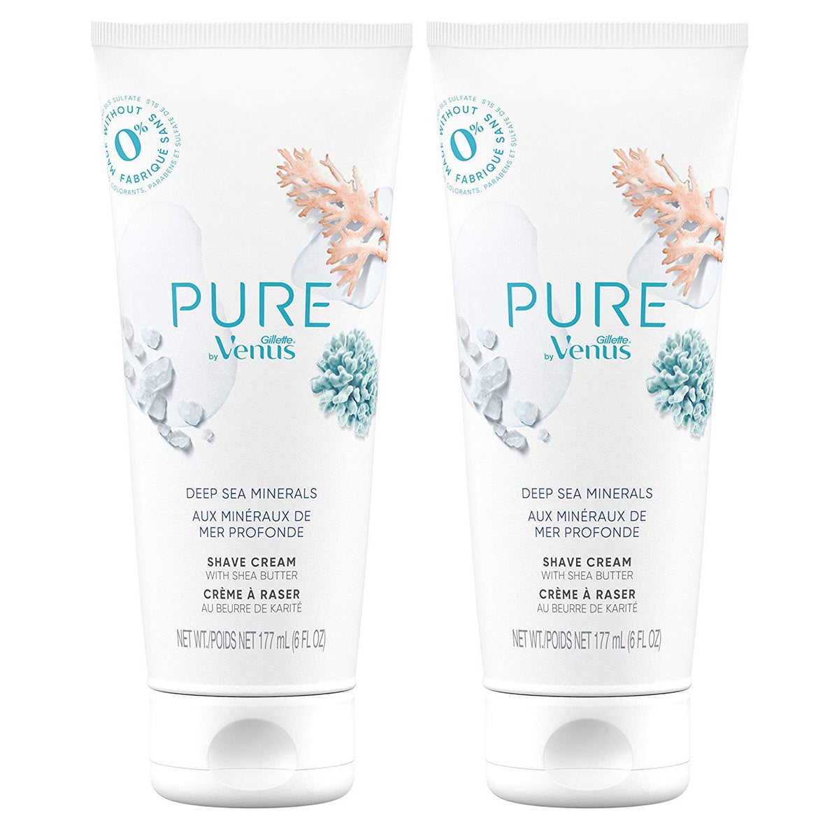 Gillette Venus PURE Deep Sea Minerals duo-pack image emphasizes hydrating cream for smoother shaves.