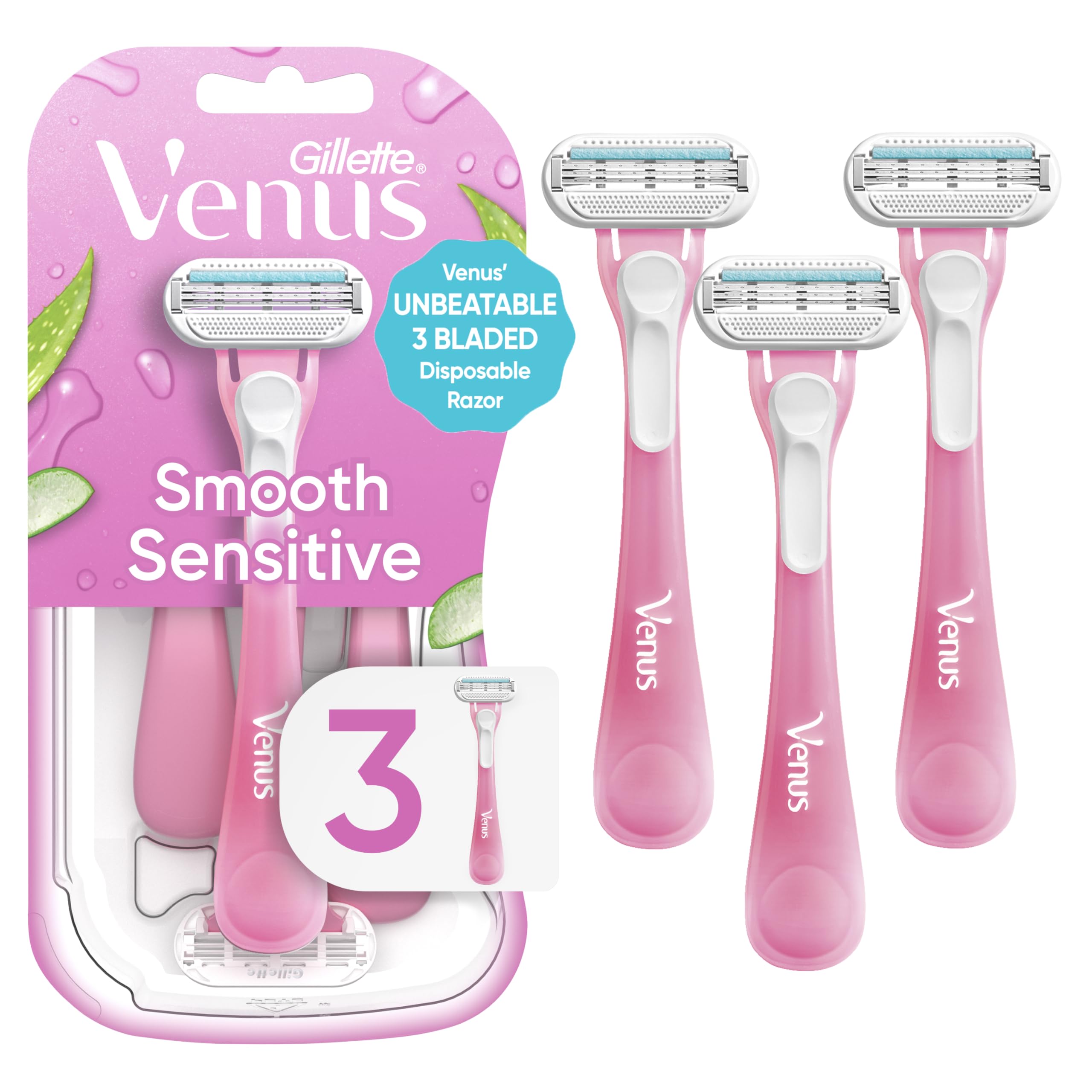 Gillette Venus front packaging showing three disposable razors for easy selection and storage