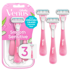 Gillette Venus front packaging showing three disposable razors for easy selection and storage