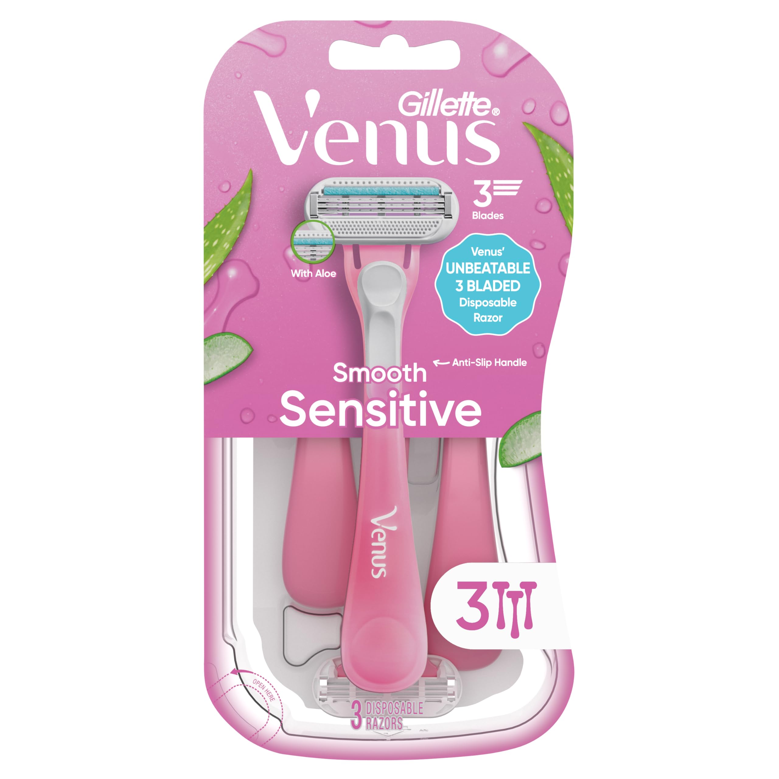 Gillette Venus pack staged in bathroom to suggest practical everyday grooming use