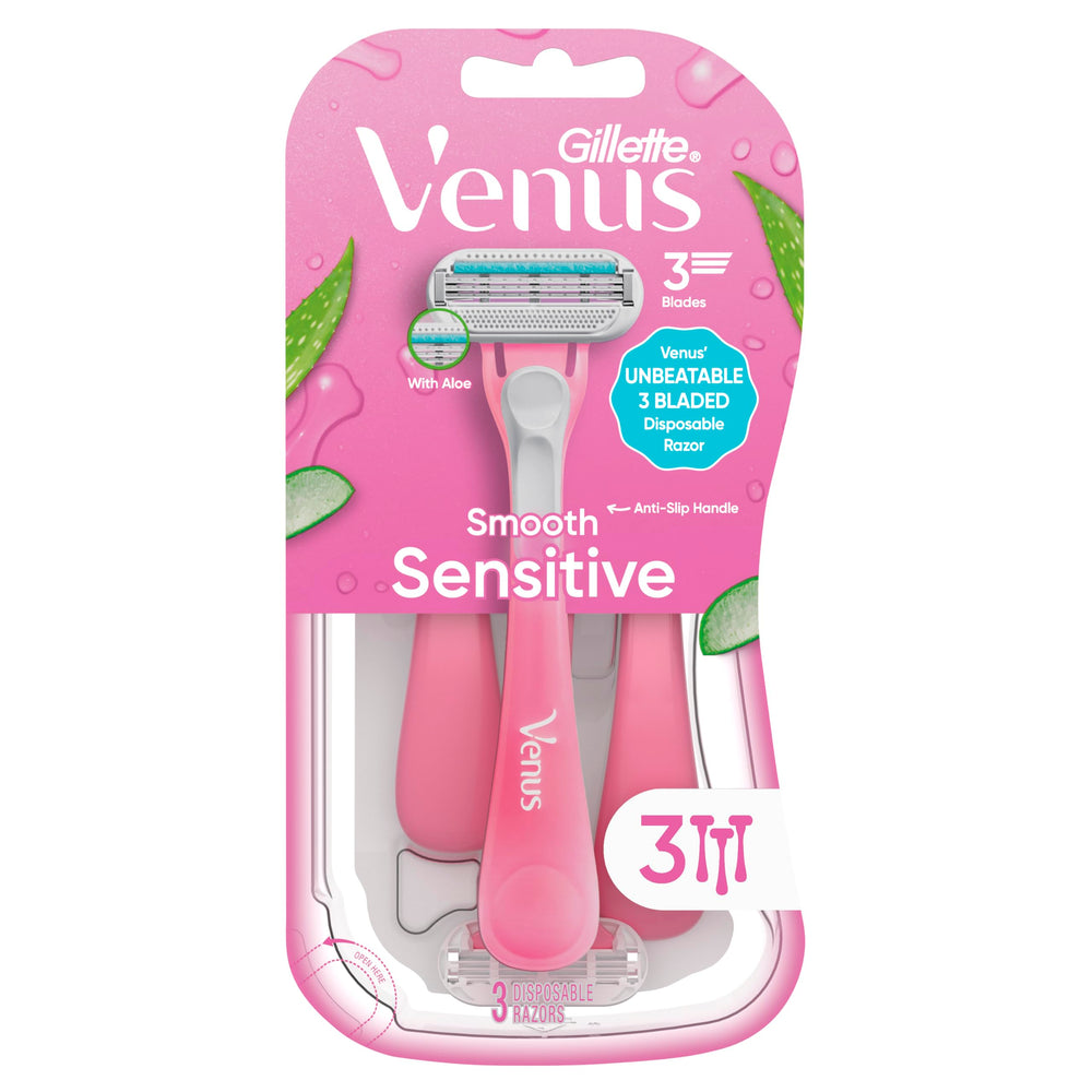 Gillette Venus pack staged in bathroom to suggest practical everyday grooming use