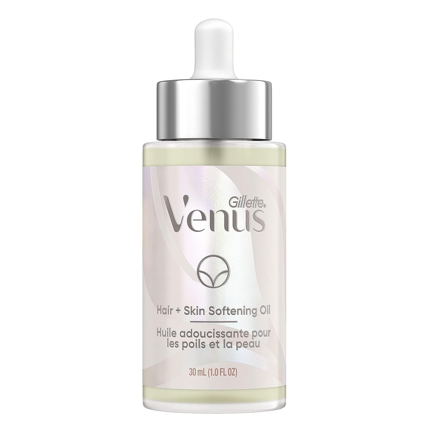 Gillette Venus Softening Oil bottle showing plant-based hydration for skin and hair