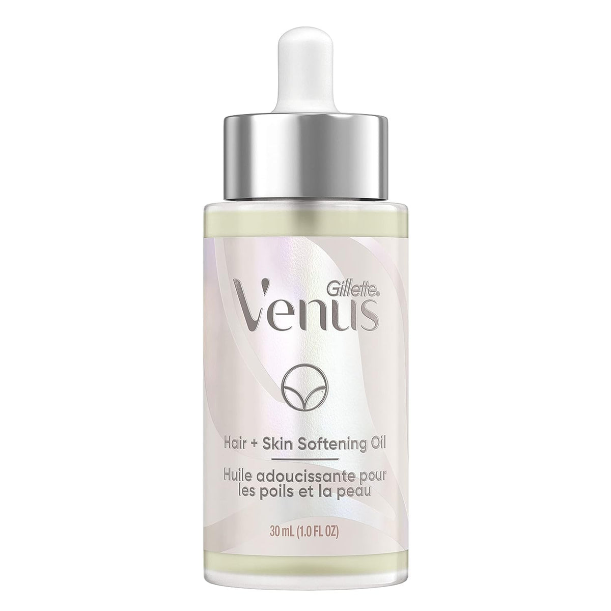 Gillette Venus Softening Oil bottle showing plant-based hydration for skin and hair