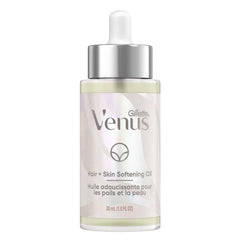 Gillette Venus Softening Oil bottle showing plant-based hydration for skin and hair