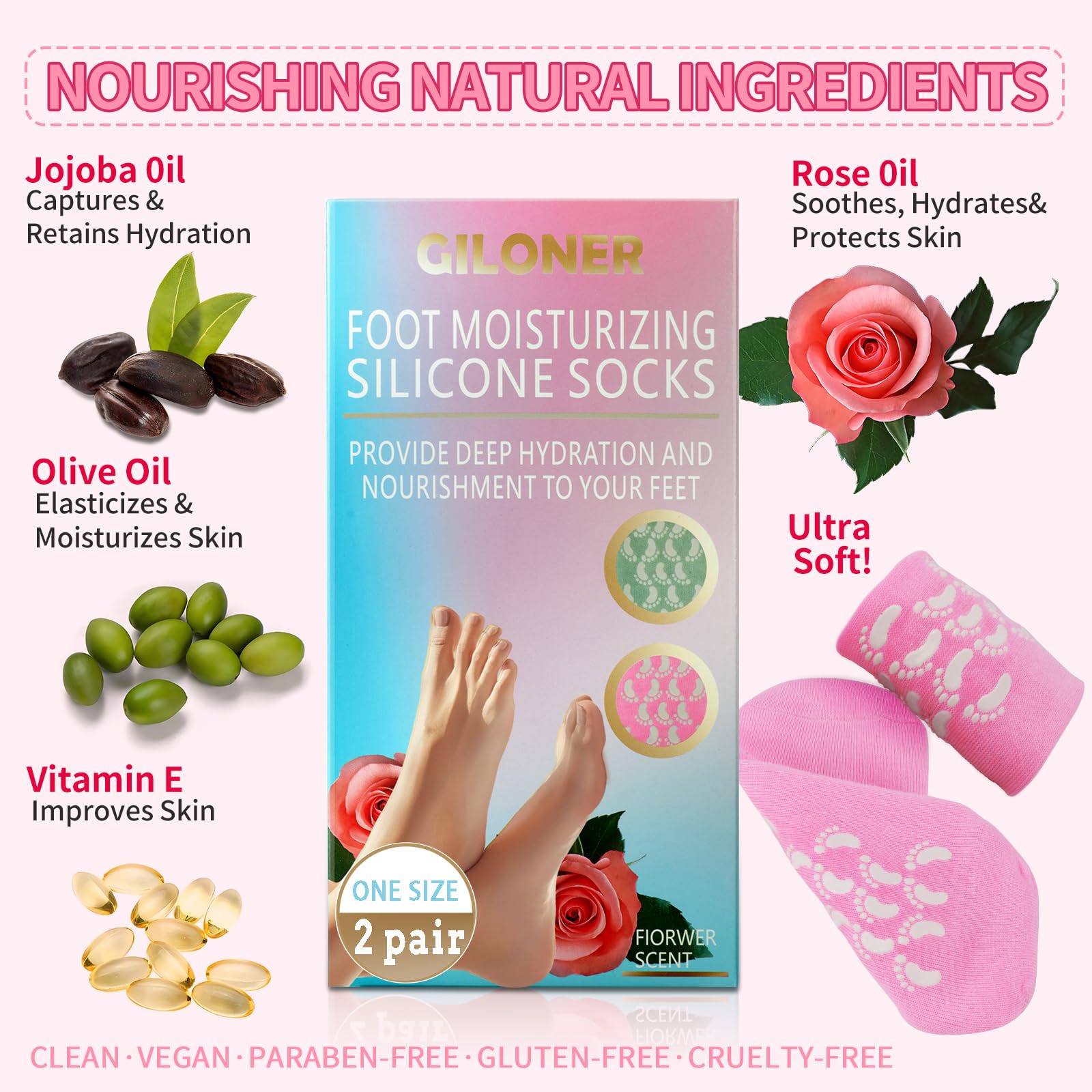 Giloner foot moisturizing socks colors pink and green offering customizable pampering