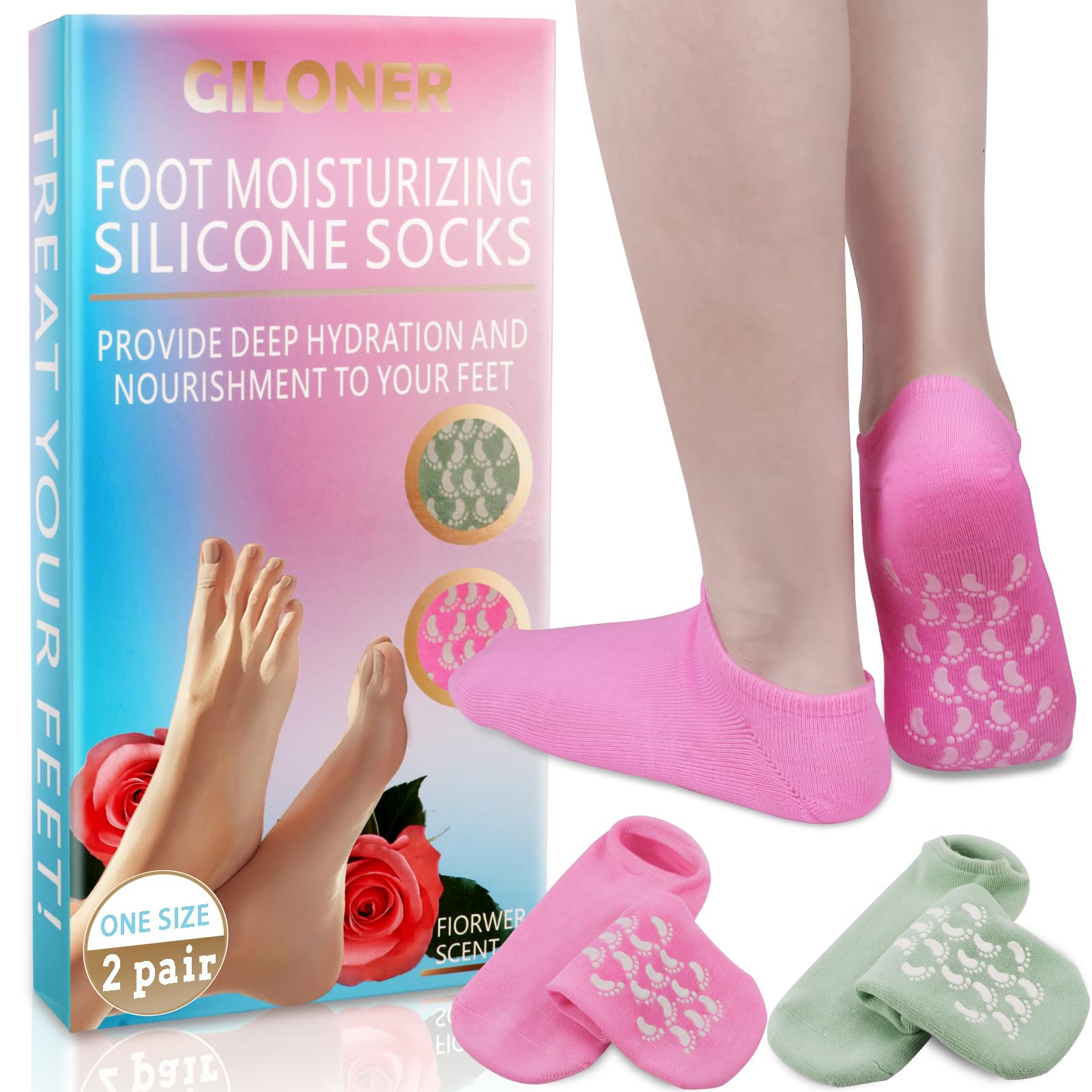 Giloner foot moisturizing socks pack front shows two-color design for spa-worthy care
