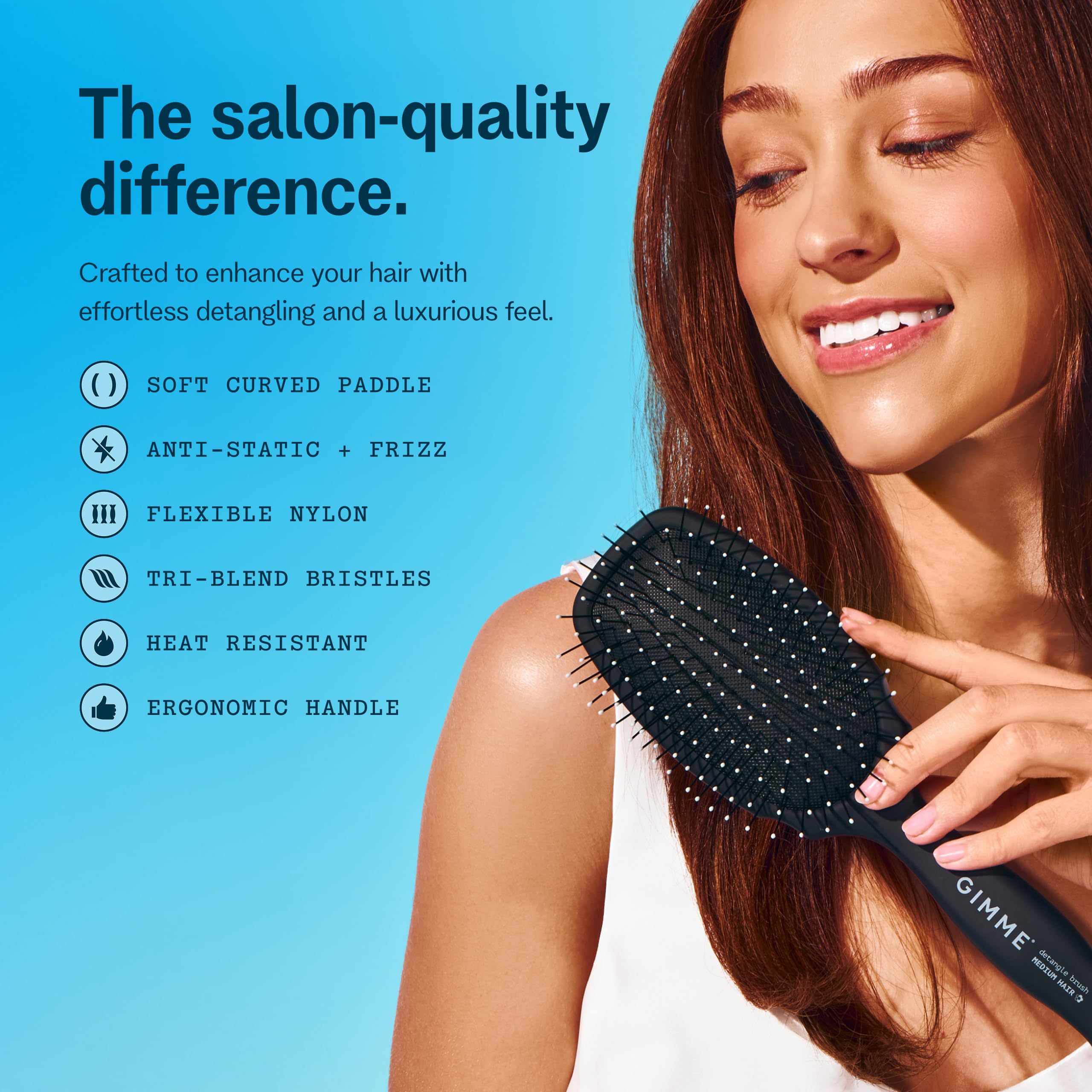 GIMME Beauty detangling brush with anti-static bristles minimizes static and frizz.